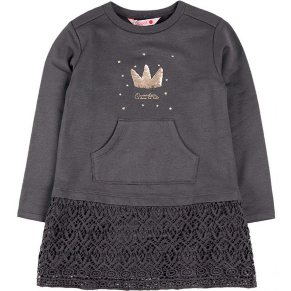 Gray Kids Casual Fleece Dress with Gold Crown by